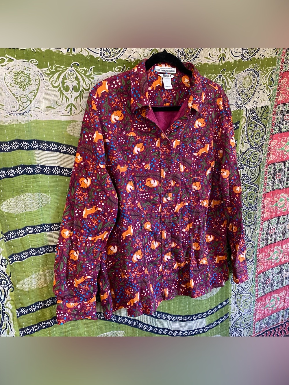 Duluth Trading Co Sangria Fox Free Swinging Flannel Shirt Large Autumn Whimsical - Picture 6 of 14